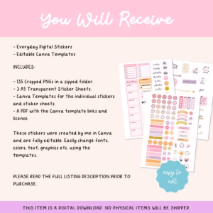 Everyday Digital Stickers, PLR Master Resell Rights, Canva Template, IPAD Sticker Sheets